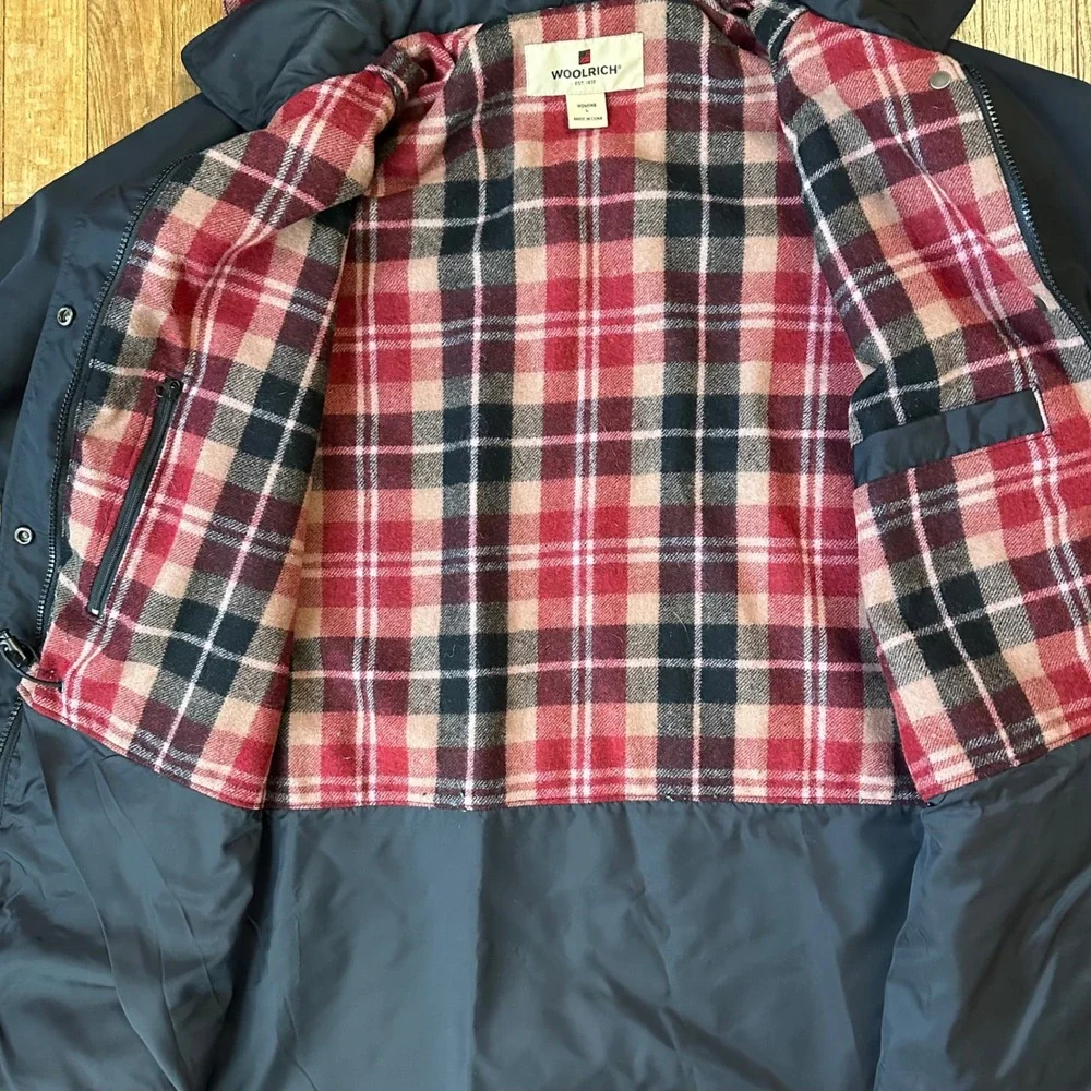 WOOLRICH‎ Women Plaid Lined Wool Navy  L Hooded Ruby Field Chore Jacket Coat EUC